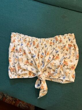 American Eagle Cream Floral Smocked Tie-Front Tube Top